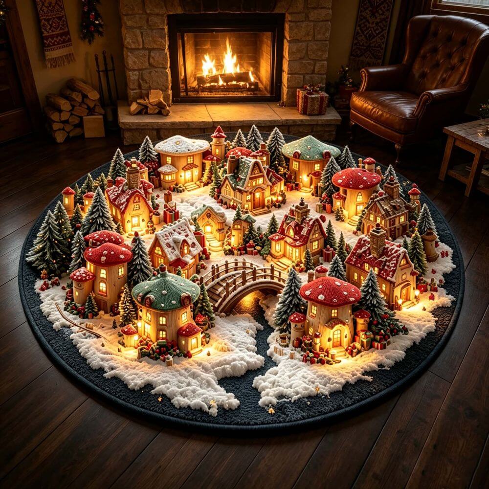 Christmas Mushroom Town Rug - J098