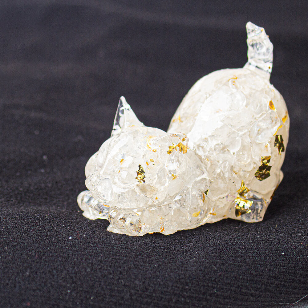 Handmade Natural Crystal Gemstone Cat with Raised Tail - Colorless Crystal