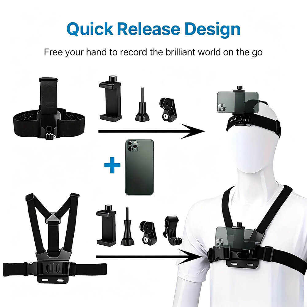Action Camera Strap & Phone Clip Mounting Kit – Adjustable Backpack Clip Holder for GoPro & Smartphones