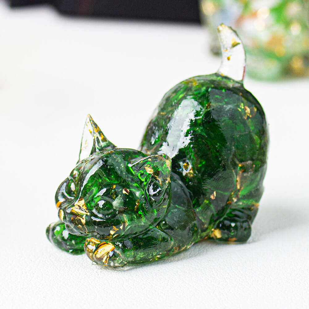 Handmade Natural Crystal Gemstone Cat with Raised Tail - Green Glass