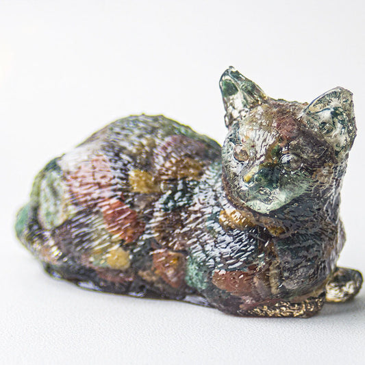 Handmade Natural Crystal Gemstone Lying Cat - Ocean Jasper