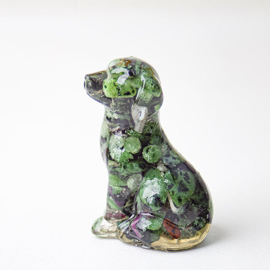Handmade Natural Crystal Gemstone Sitting Dog - Epidote