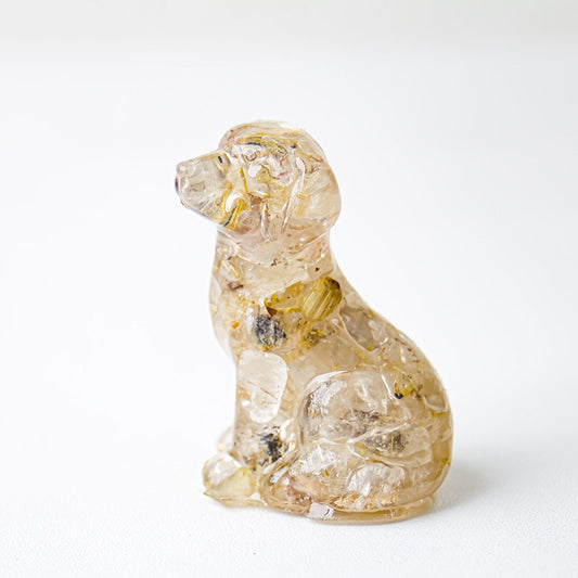 Handmade Natural Crystal Gemstone Sitting Dog - Rutilated Quartz