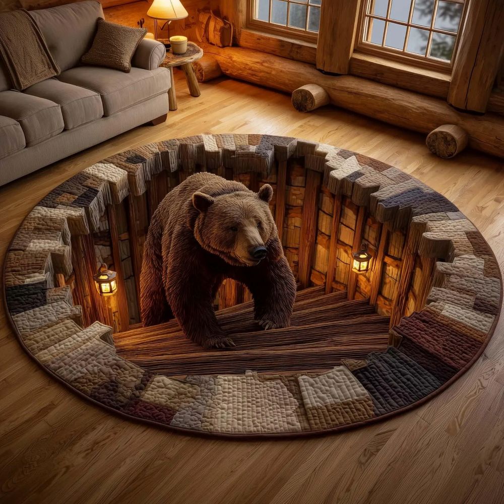Bear Coming Out Of The Floor - 3D Illusion Round Rug - H633