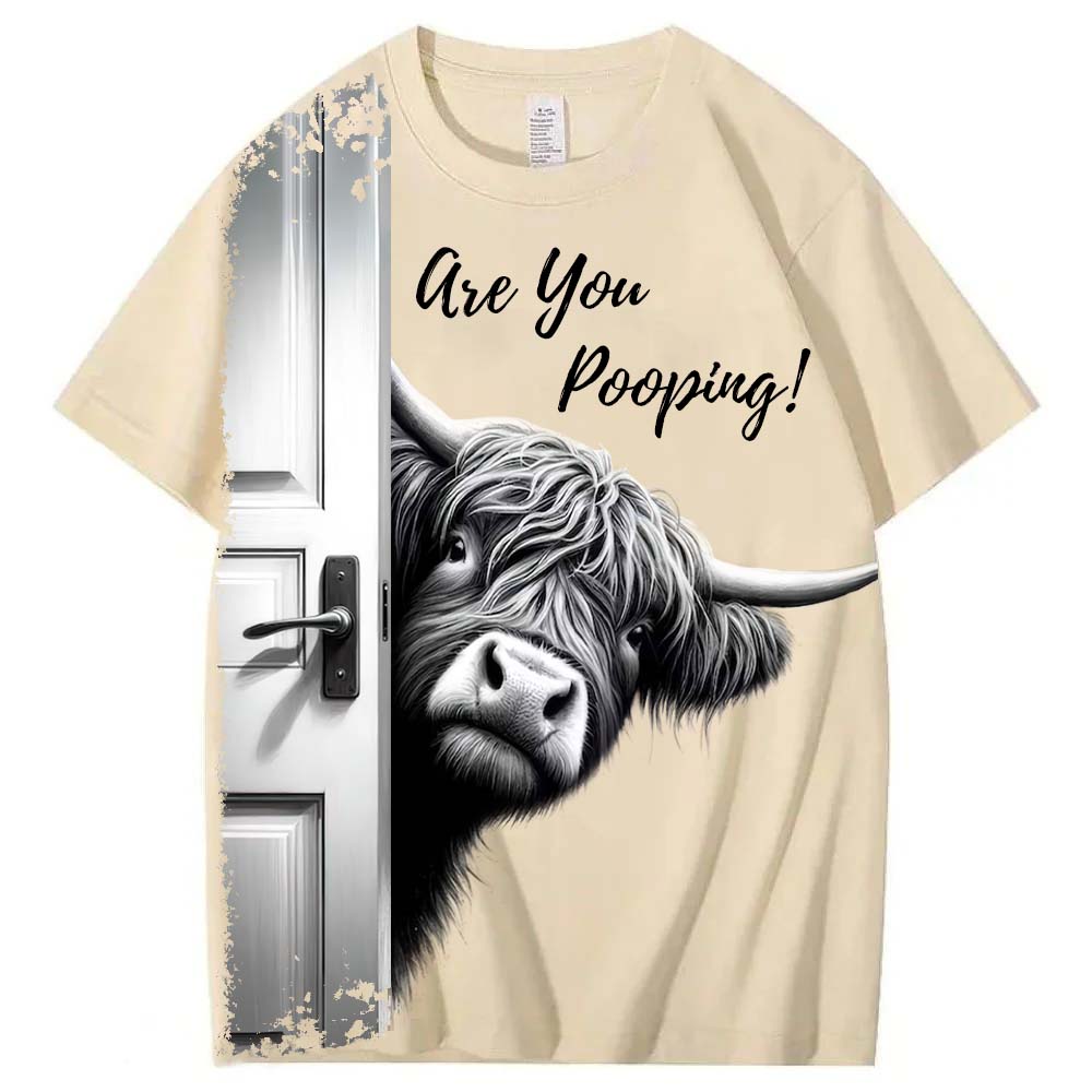 Funny Highland Cow "Are You Pooping?" Short Sleeve T-shirt