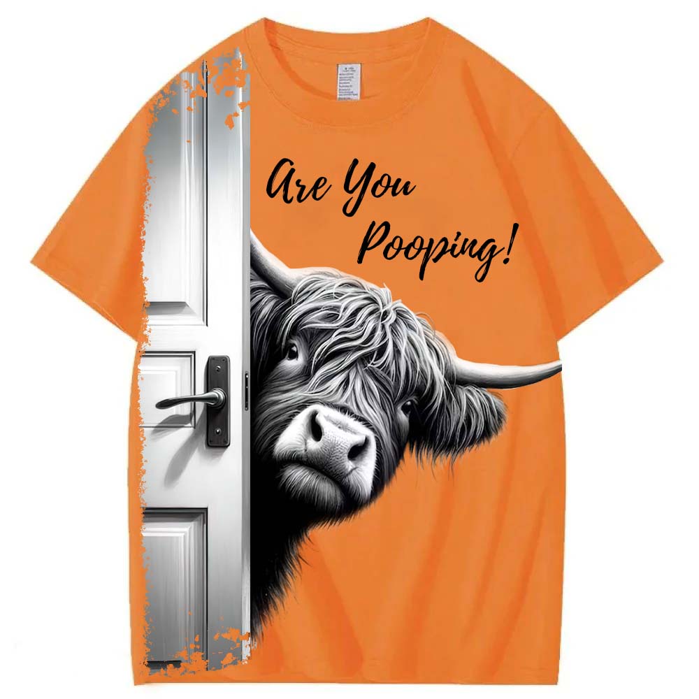 Funny Highland Cow "Are You Pooping?" Short Sleeve T-shirt
