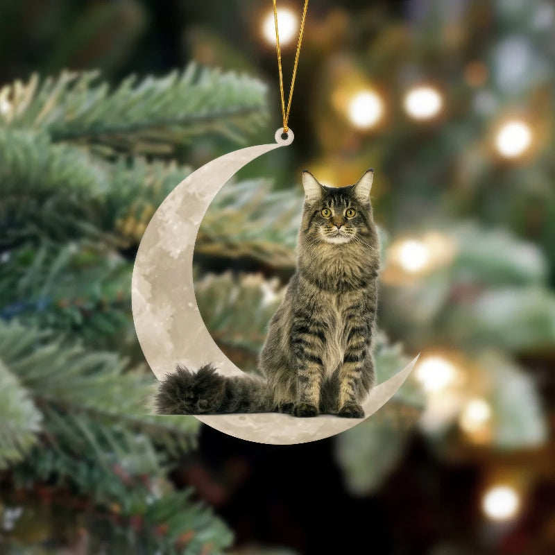 Maine Coon Cat Sits On The Moon Hanging Ornament Cs030