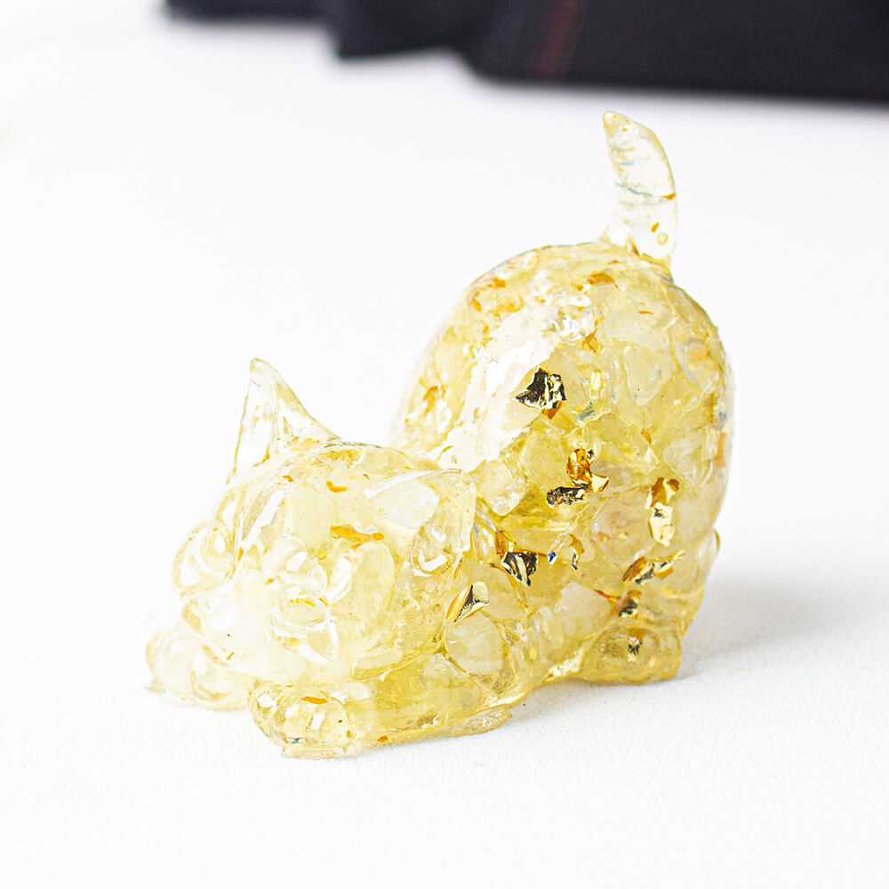 Handmade Natural Crystal Gemstone Cat with Raised Tail - Lemon Citrine