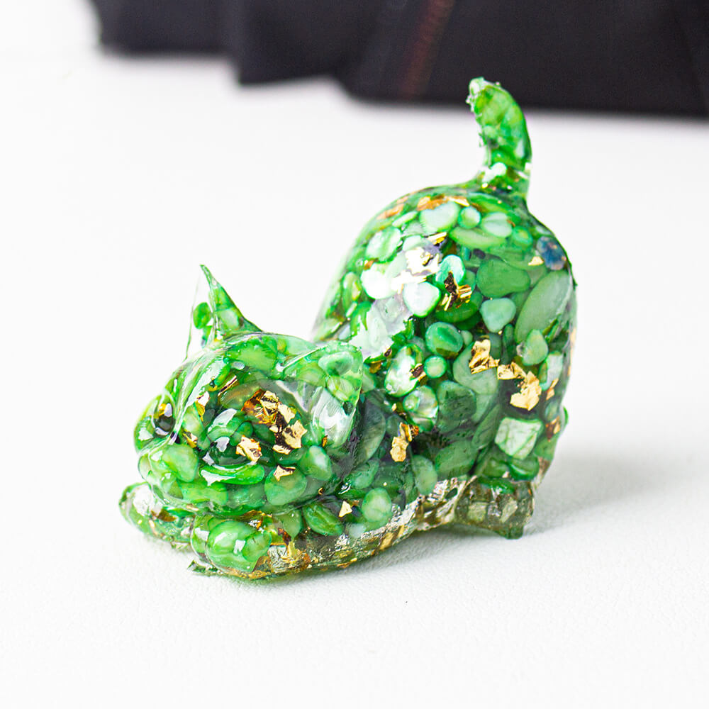 Handmade Natural Crystal Gemstone Cat with Raised Tail - Malachite