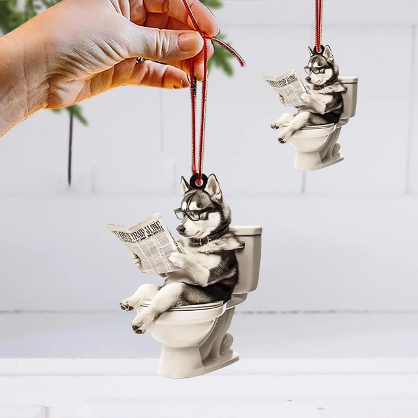 Siberian Husky - Dog Sitting On Toilet Ornament  OT002