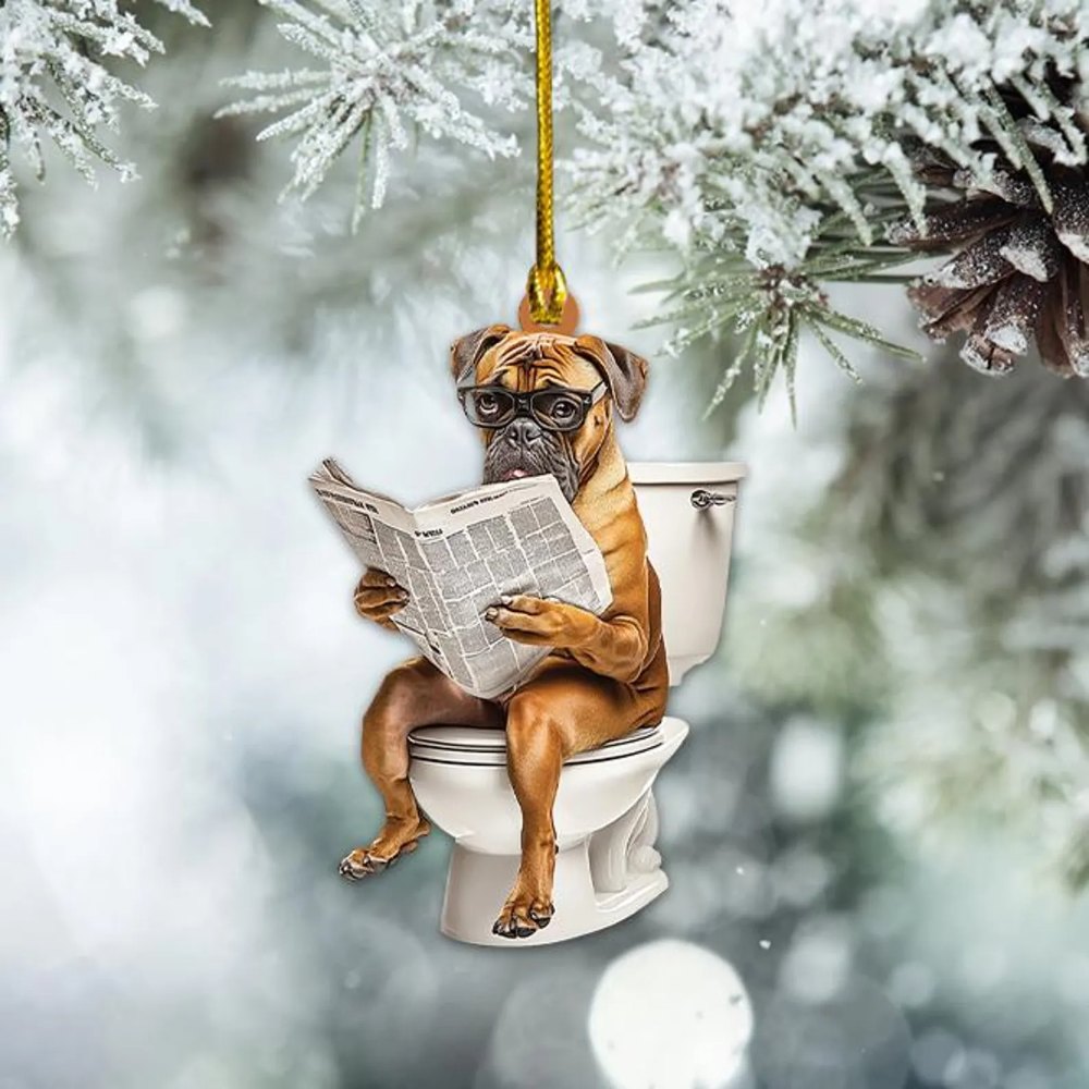 Boxer - Dog Sitting On Toilet Ornament  OT013