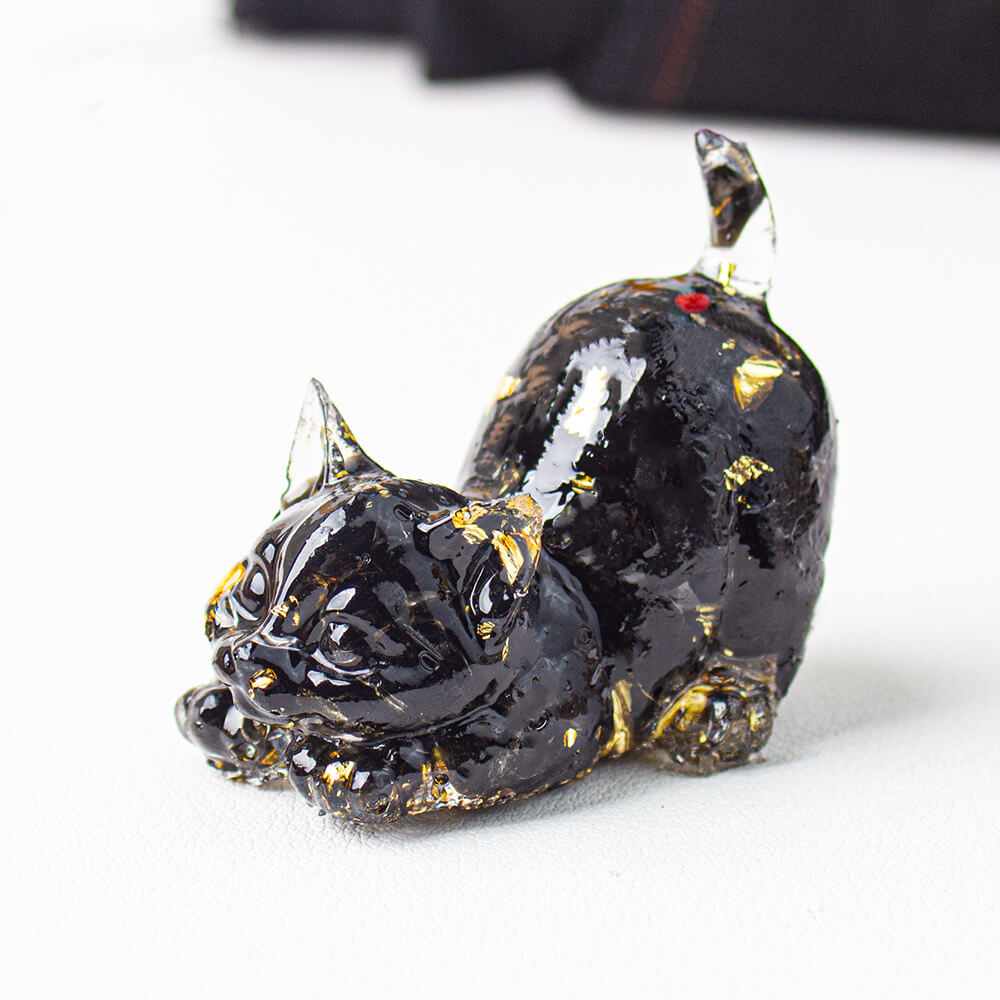 Handmade Natural Crystal Gemstone Cat with Raised Tail - Obsidian