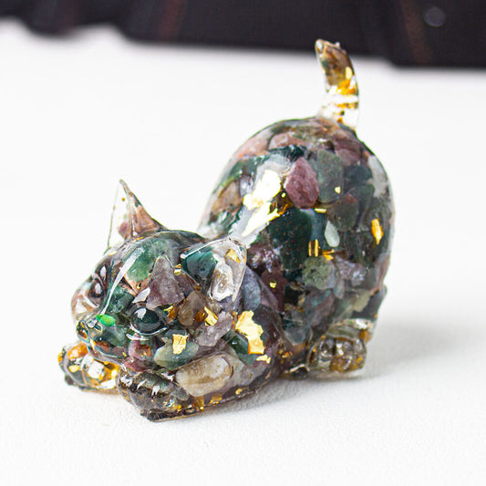 Handmade Natural Crystal Gemstone Cat with Raised Tail - Ocean Jasper