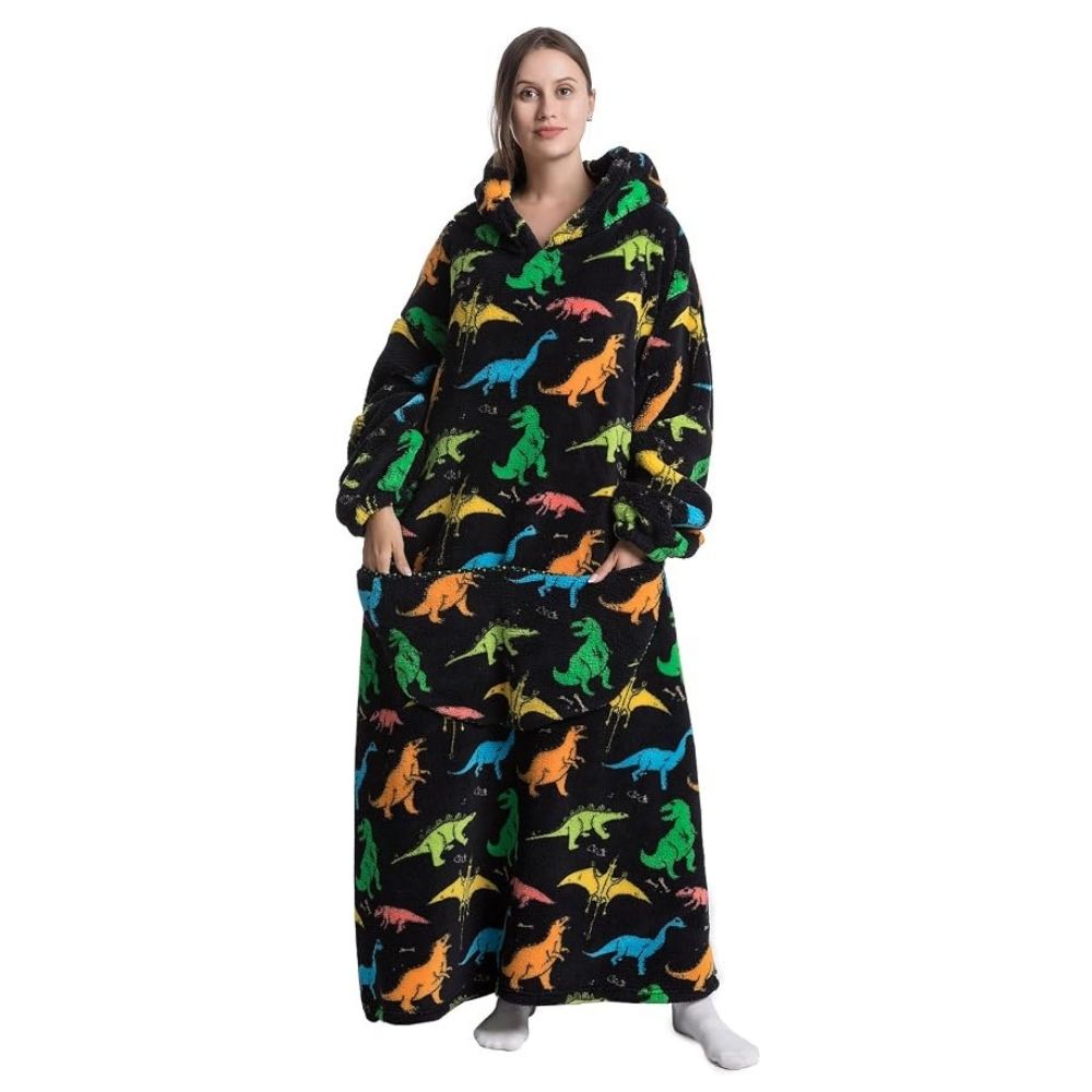 Oversized Wearable Hoodie Blanket – Black Dinosaur