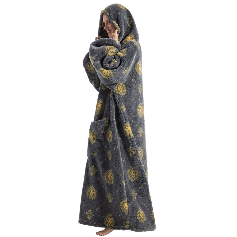 Oversized Wearable Hoodie Blanket – Gray Lion