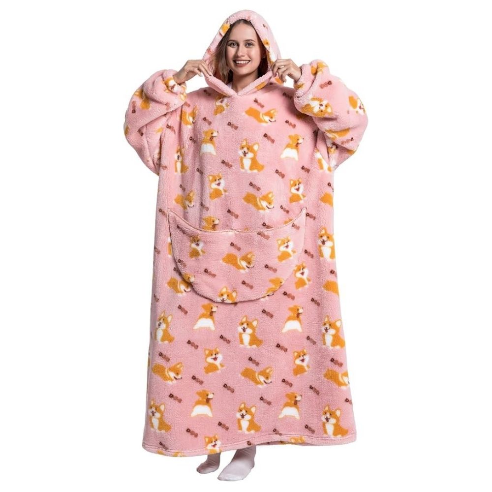 Oversized Wearable Hoodie Blanket – Pink Corgi