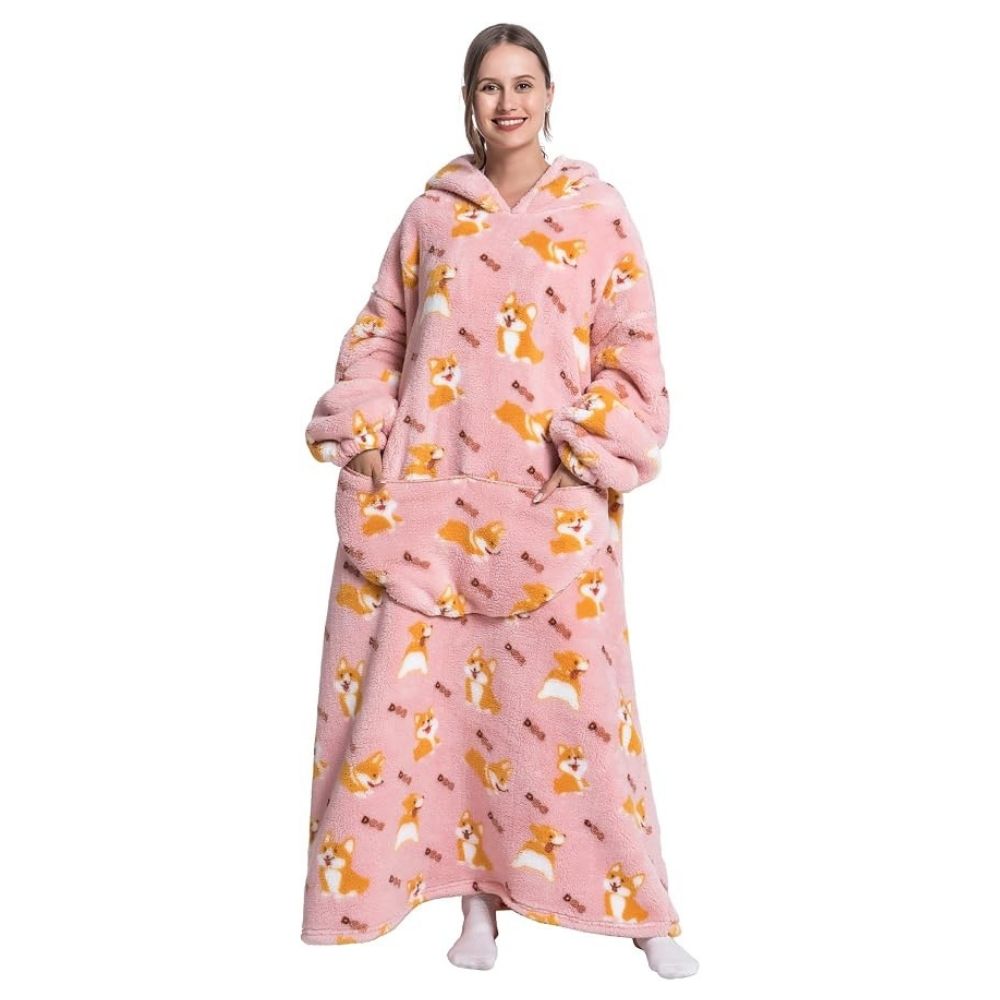 Oversized Wearable Hoodie Blanket – Pink Corgi
