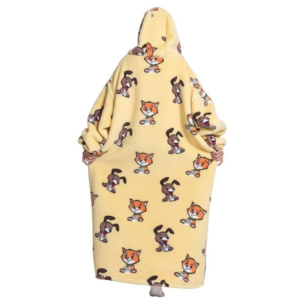 Oversized Wearable Hoodie Blanket – Yellow Cat and Dog