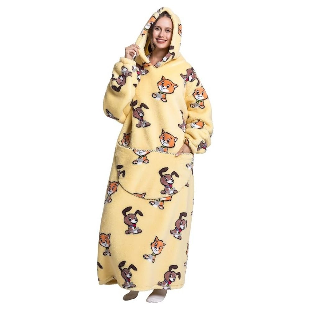 Oversized Wearable Hoodie Blanket – Yellow Cat and Dog