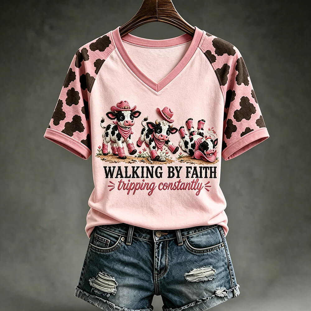 Walking By Faith T-Shirt - Funny Cow Graphic V-neck Tee