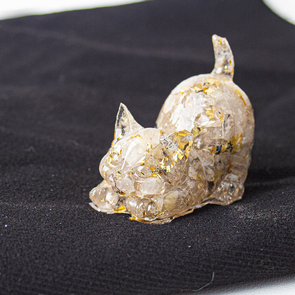 Handmade Natural Crystal Gemstone Cat with Raised Tail - Rutilated Quartz