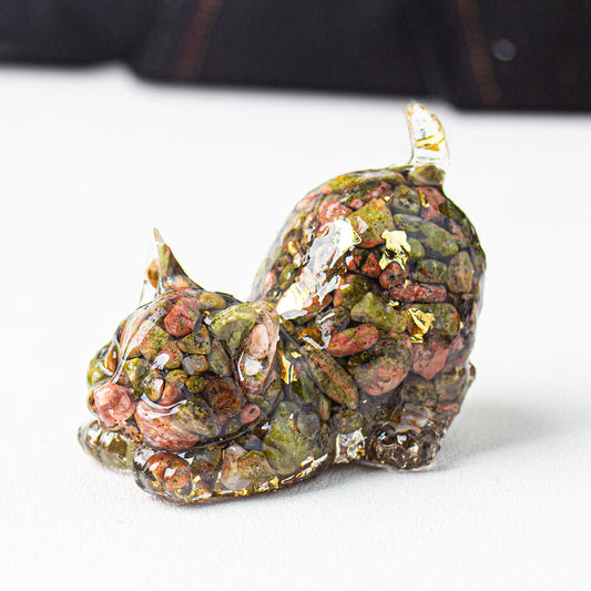 Handmade Natural Crystal Gemstone Cat with Raised Tail - Unakite