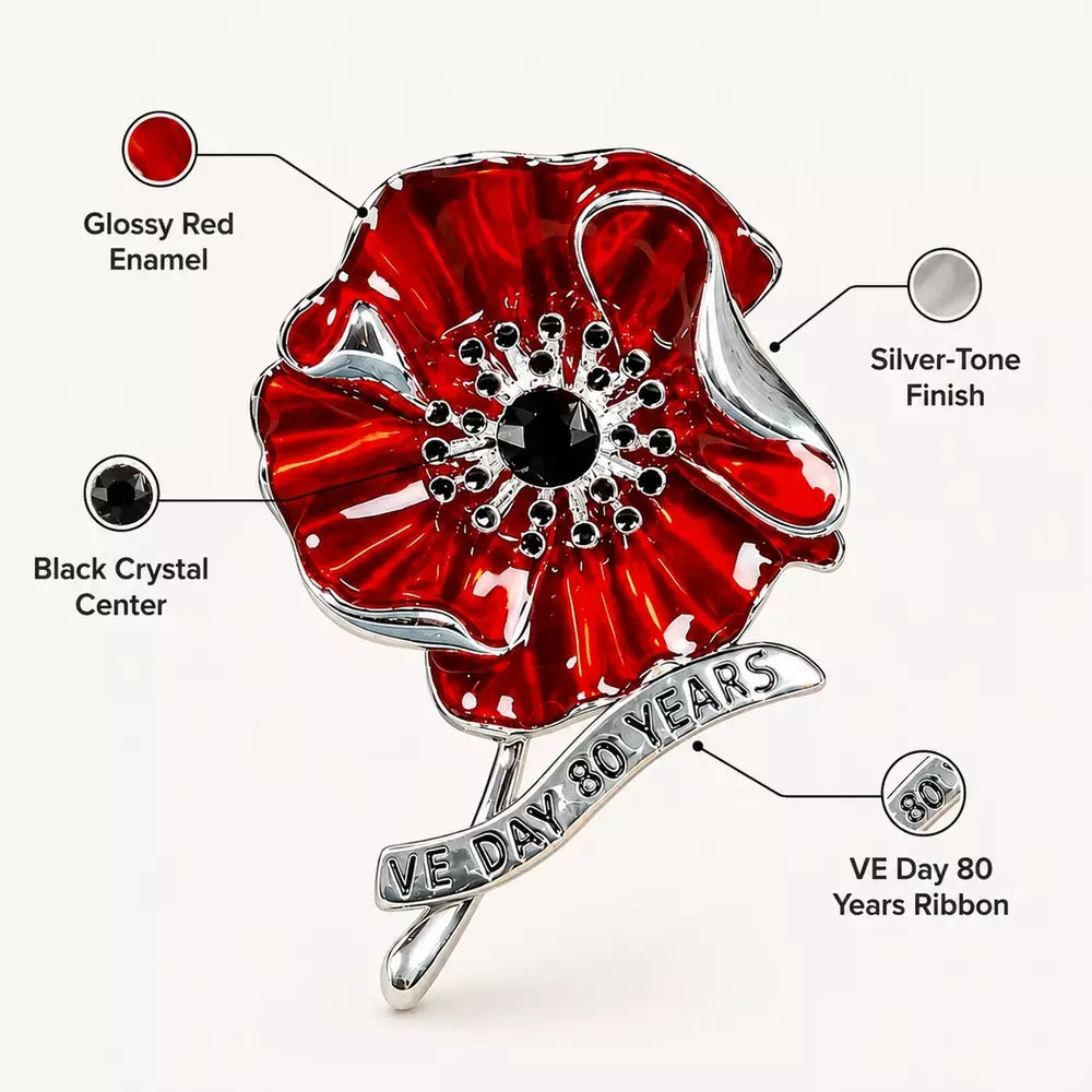VE Day 80 poppy brooch close-up with detailed enamel design