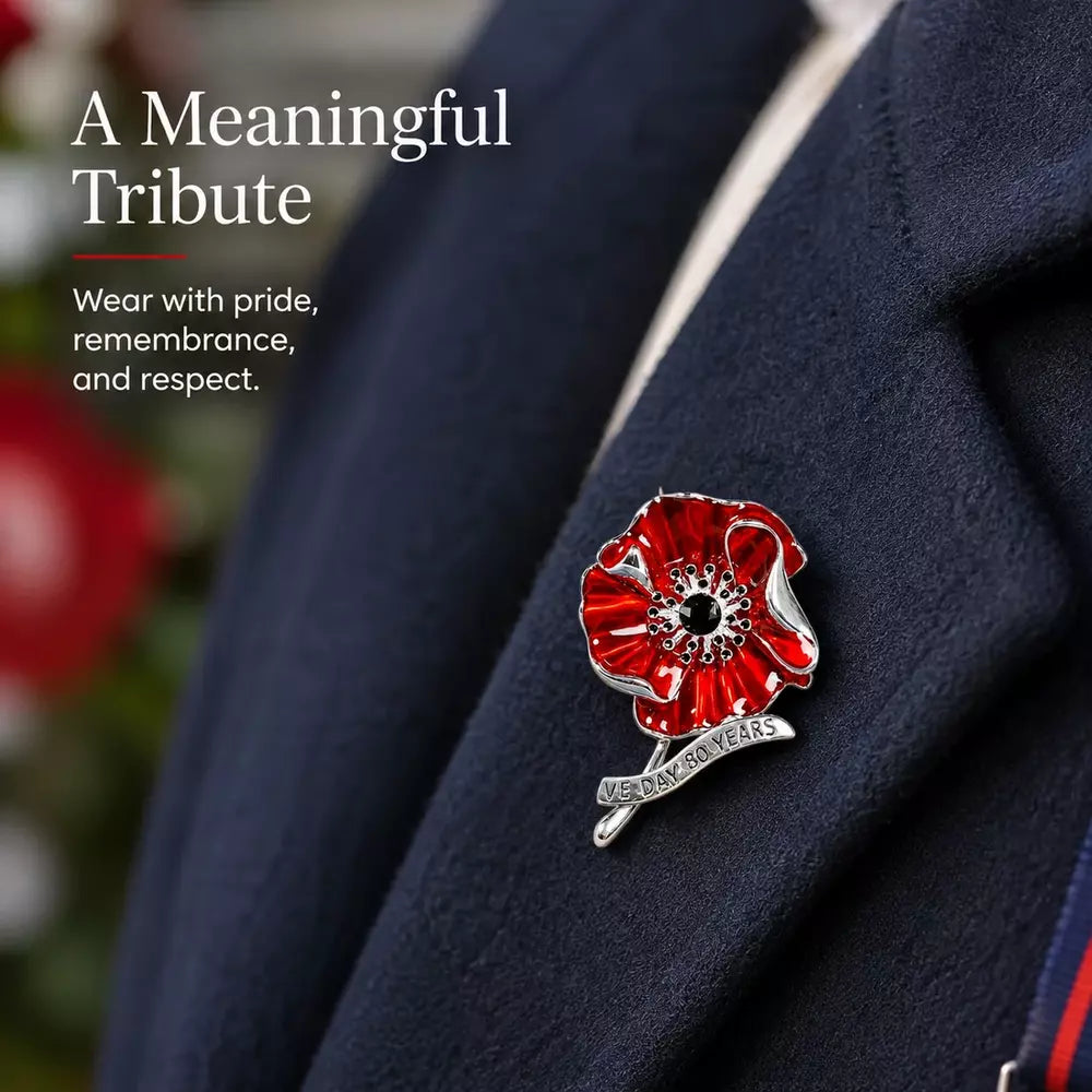 VE Day 80 poppy brooch worn on a jacket lapel