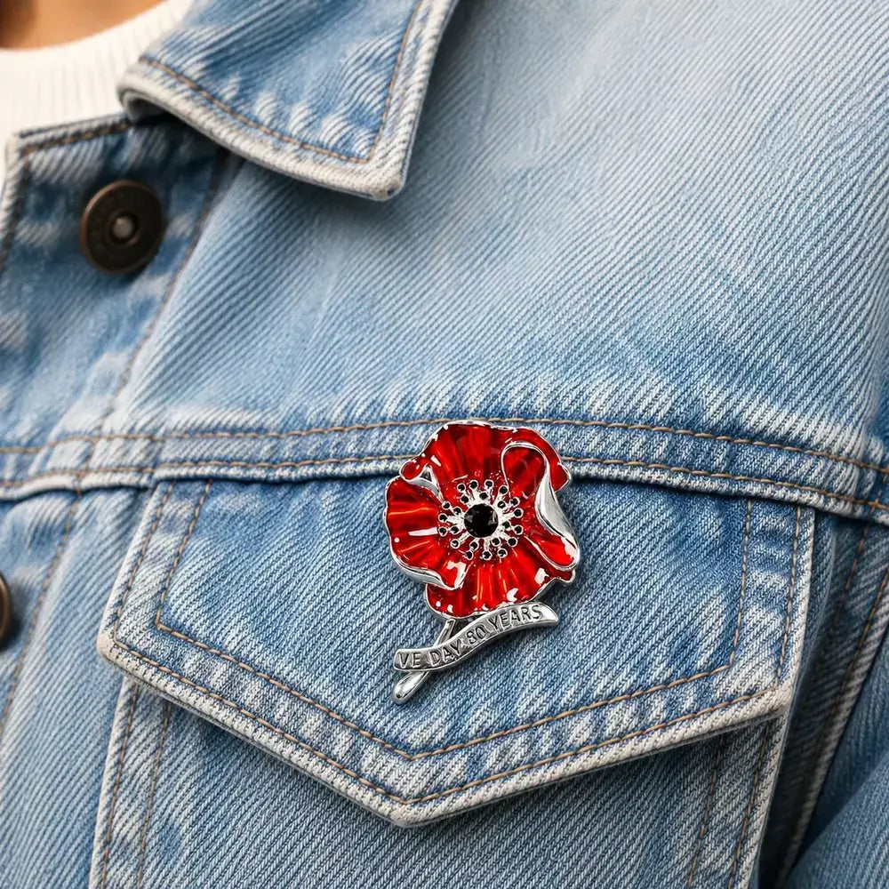 VE Day 80 poppy brooch in silver with red enamel flower