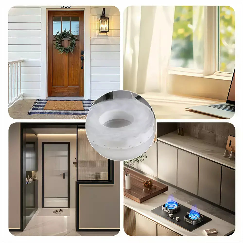 A collage showing a frosted white circular door/window film or privacy seal applied in several home settings: a front door entryway, a windowsill ledge, a hallway, and a kitchen countertop. A large circular inset in the center shows the transparent/frosted material close-up.