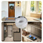 A collage showing a frosted white circular door/window film or privacy seal applied in several home settings: a front door entryway, a windowsill ledge, a hallway, and a kitchen countertop. A large circular inset in the center shows the transparent/frosted material close-up.