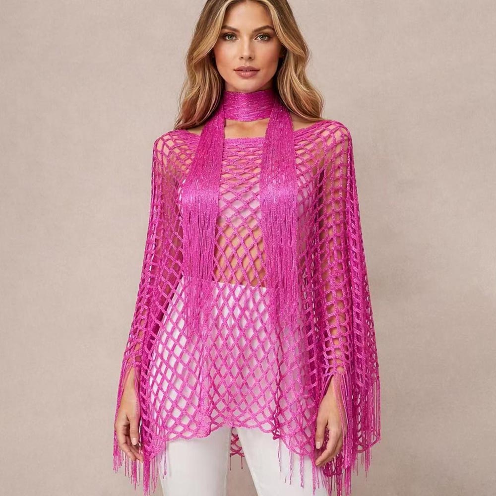 Women's Solid Color Fringe Trim Shawl & Chain Decor Poncho Set