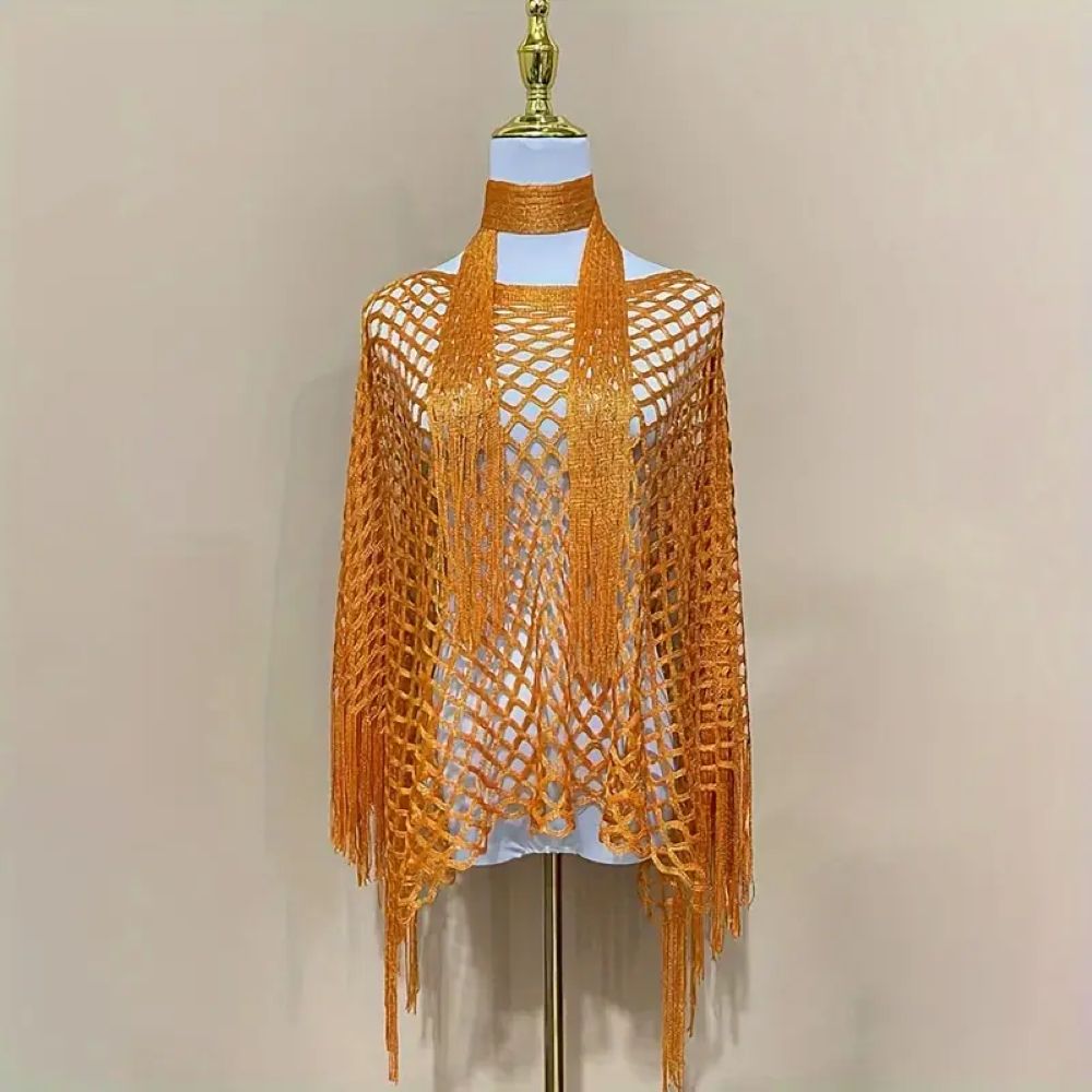 Women's Solid Color Fringe Trim Shawl & Chain Decor Poncho Set