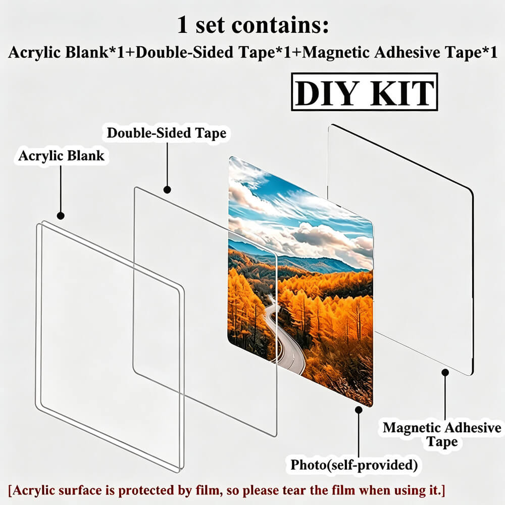 DIY acrylic wall art kit with labeled parts: acrylic blank, double-sided tape, magnetic adhesive tape, and a sample photo tape showing an autumn landscape. Text states one set contains all components.