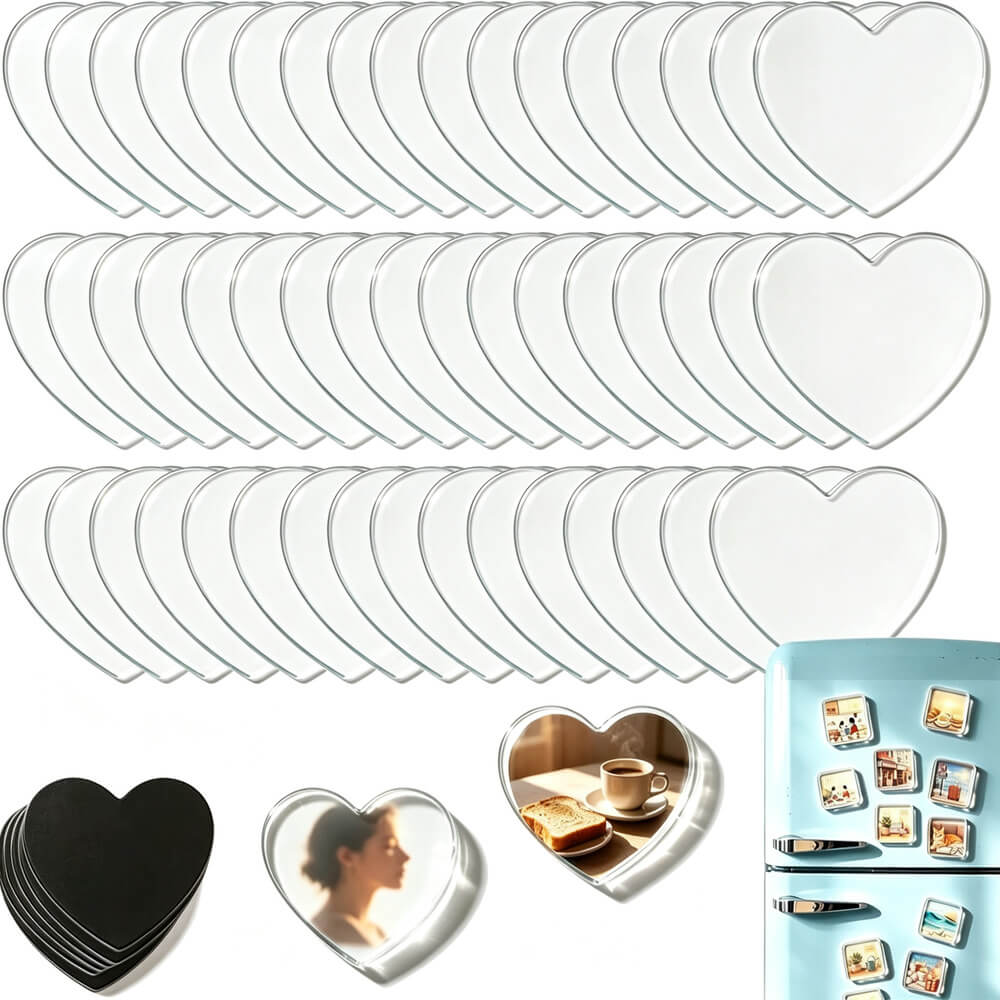 A set of heart-shaped refrigerator magnets shown on a white background, including plain clear/white magnets, a stack of black magnets, one with a woman's profile photo, one with toast and a coffee cup photo, and a light blue refrigerator decorated with multiple heart magnets.