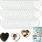 A set of heart-shaped refrigerator magnets shown on a white background, including plain clear/white magnets, a stack of black magnets, one with a woman's profile photo, one with toast and a coffee cup photo, and a light blue refrigerator decorated with multiple heart magnets.