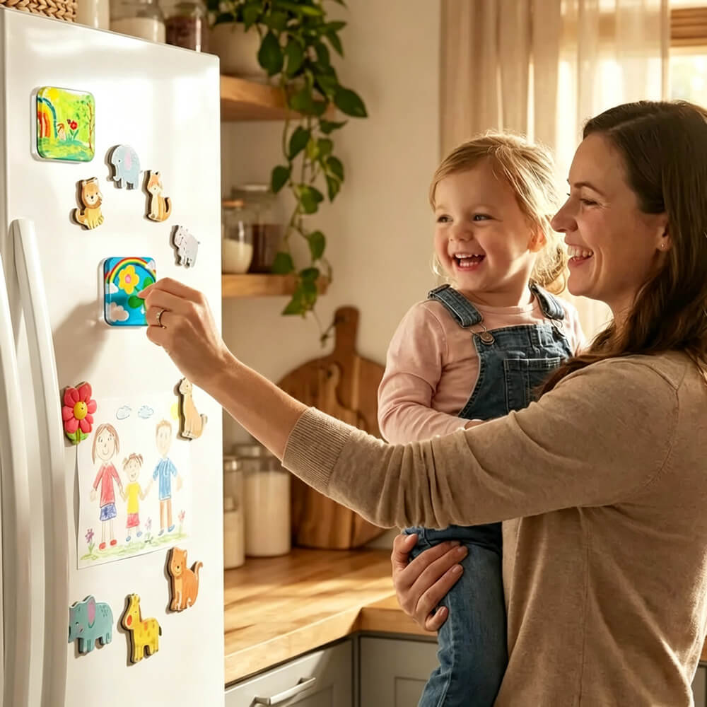 A woman holding a young child in a bright kitchen, smiling as she places a colorful refrigerator magnet on a white fridge. The fridge is decorated with various animal and family-themed magnets.