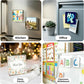 Collage of magnetic photo frames and educational magnets on a refrigerator with labels for kitchen, office, party favors, and classroom whiteboard.