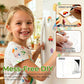 A young girl with paint on her face and shirt stands in a kitchen next to a white refrigerator, holding the handle. The image includes three inset diagrams showing how to use a clear acrylic sheet magnet: draw or insert, peel, and stick.