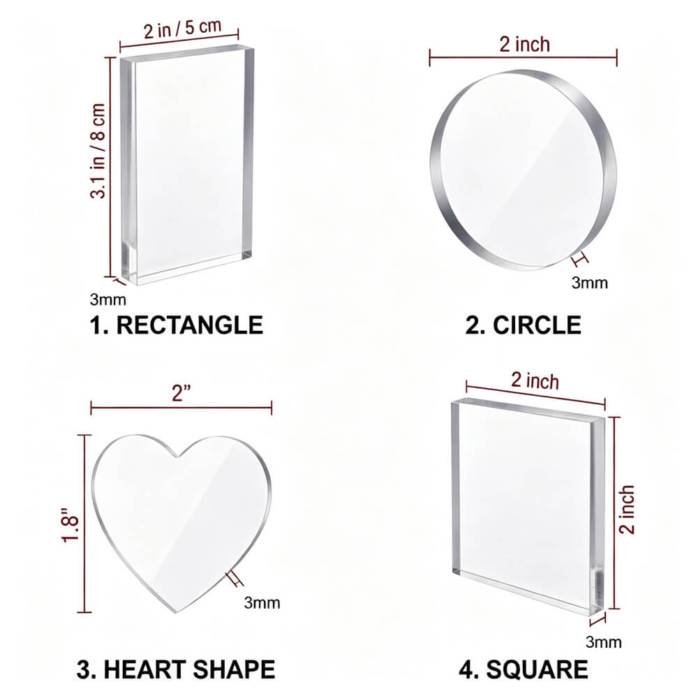 Size comparison chart showing four clear acrylic picture frame shapes: rectangle, circle, heart, and square. Each frame is labeled with dimensions, including 2 inch by 3 mm, on a white background.