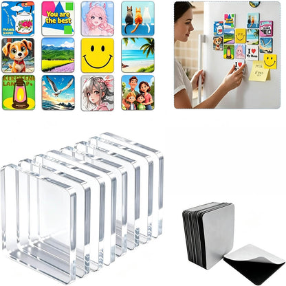 Clear acrylic refrigerator magnets shown in a set of multiple square pieces, including a stack of silver-backed magnets and a demonstration photo of a woman hanging them on a white refrigerator.