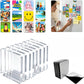 Clear acrylic refrigerator magnets shown in a set of multiple square pieces, including a stack of silver-backed magnets and a demonstration photo of a woman hanging them on a white refrigerator.