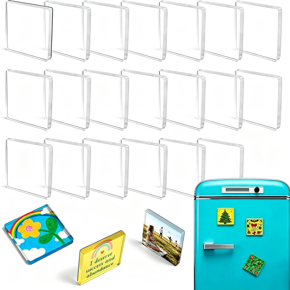Twelve clear acrylic photo frames arranged in three rows on a white background, with three sample printed photos inserted and a turquoise refrigerator shown on the right to demonstrate use.