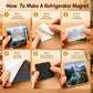 Instructional graphic titled 'How To Make A Refrigerator Magnet' showing six numbered steps with hands demonstrating how to apply a printed landscape photo to a refrigerator magnet sheet, including peeling adhesive backing and attaching the magnet.