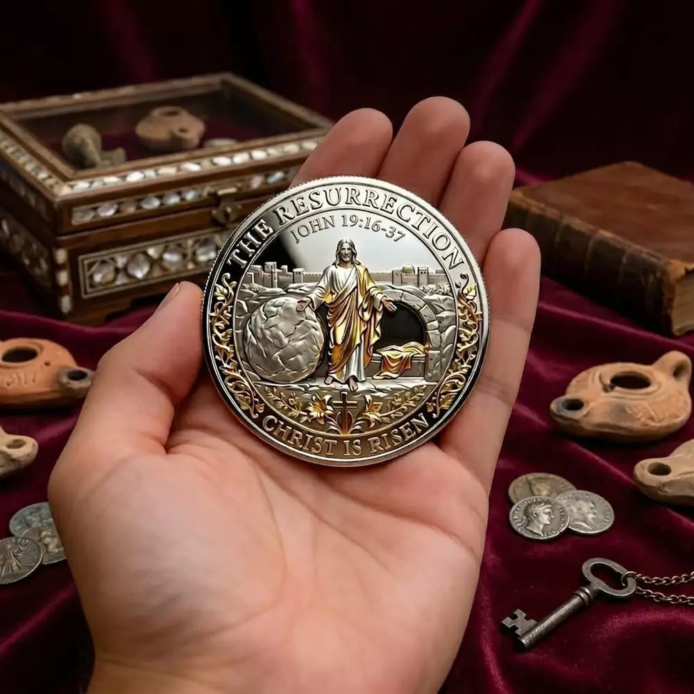Alloy resurrection memorial coin with a traditional decorative finish
