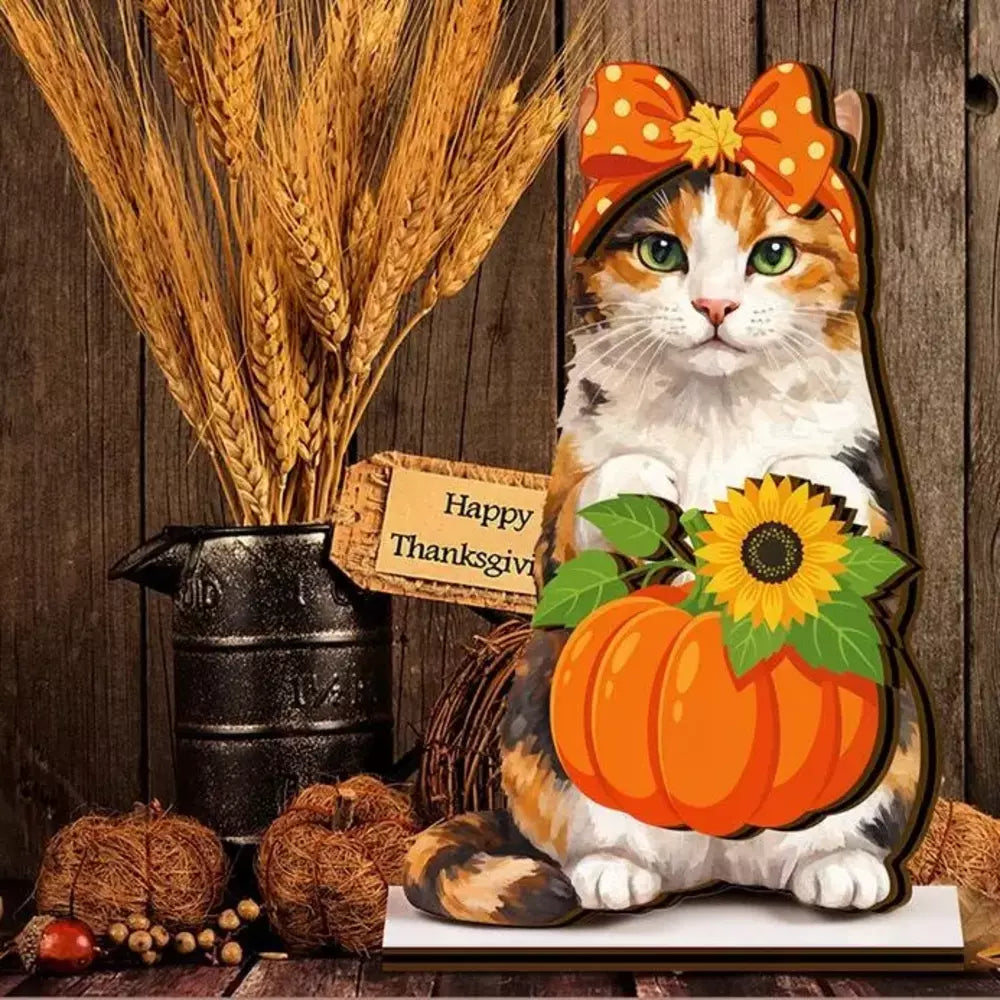 Wooden animal desk sign with Thanksgiving seasonal decorations