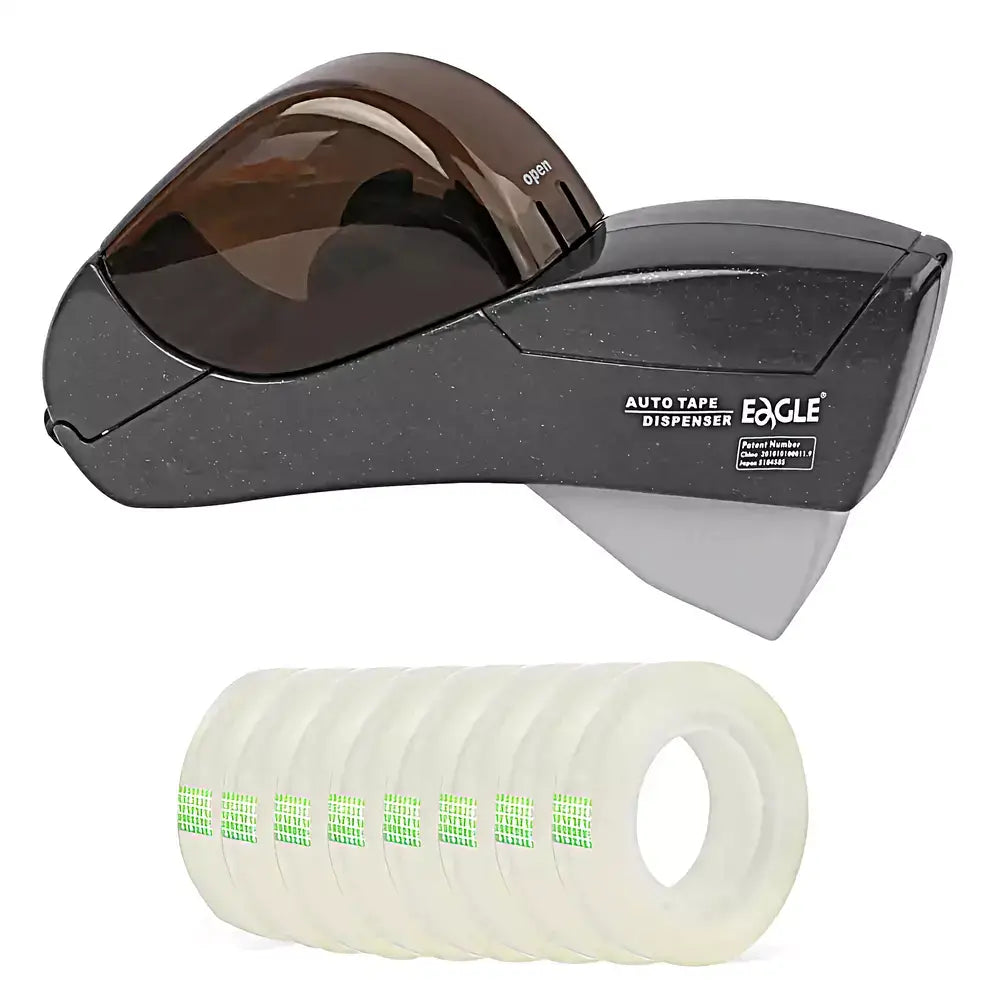 An Eagle brand auto tape dispenser shown with a stack of translucent clear tape rolls below it on a white background.