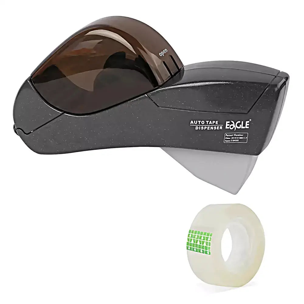 Eagle brand 9mm auto tape dispenser shown with a roll of clear tape featuring a green grid pattern on a white background.
