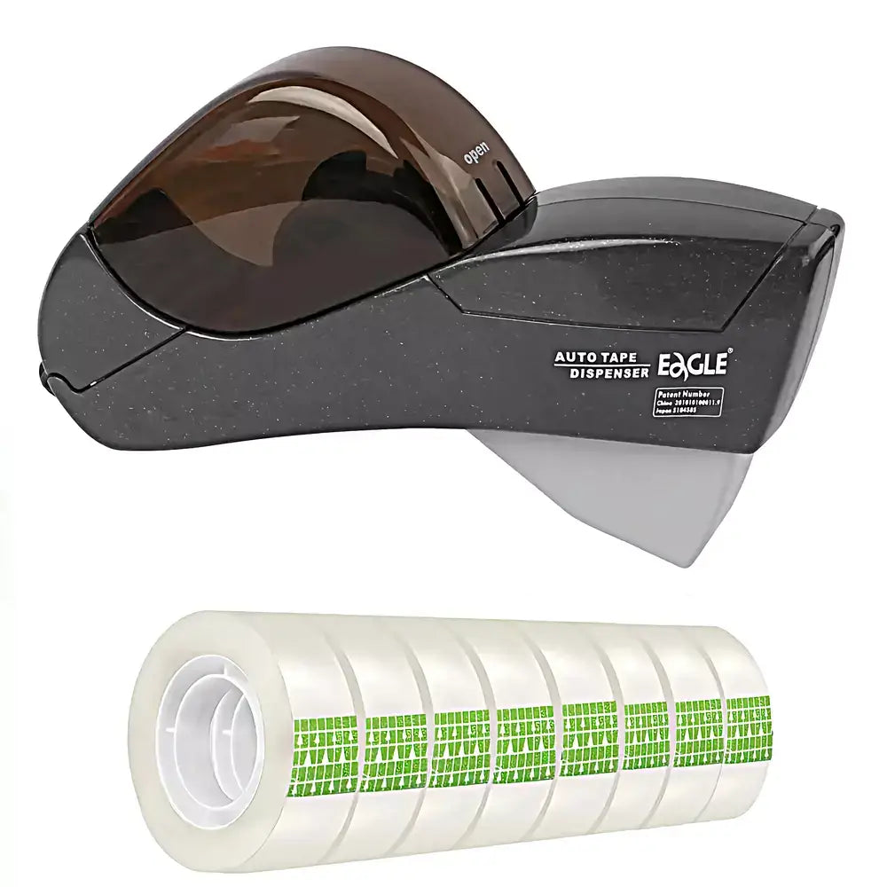 An Eagle brand automatic tape dispenser shown above a roll of clear tape with green printed labels, on a plain white background.