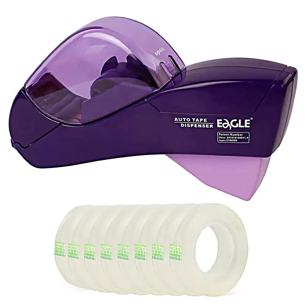 A purple Eagle brand auto tape dispenser with a translucent purple cap, shown above a row of clear adhesive tape rolls with green printed codes, on a plain white background.